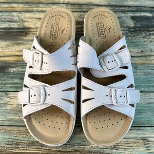 Fly Flot Womens Slingback Slide Sandals Size 9.5-10 White Leather Wedge Comfort